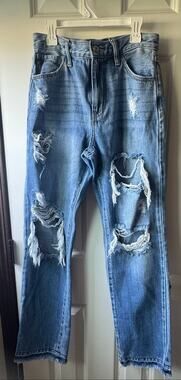 KanCan High Rise Distressed Straight Leg Jeans Size 3/25 100% Cotton Raw Hem